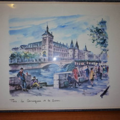 Tablou acuarela art print by Arno 1968 Paris Conciergerie si Sena rama sticla