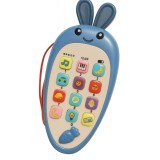 Jucarie interactiva, flippy, telefon inteligent, model morcov, functii educative, muzicale si voce, 4-6 ani, 19 x 11.5 cm, din plastic, albastru