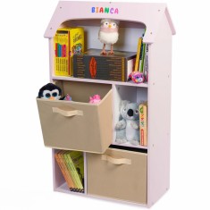 Biblioteca copii, Organizator cu raft pentru carti, Cutii depozitare jucarii, rechizite si papusi, Mobilier din Lemn MDF, Dulap tip casuta cu 3 etajer