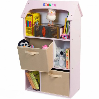 Biblioteca copii, Organizator cu raft pentru carti, Cutii depozitare jucarii, rechizite si papusi, Mobilier din Lemn MDF, Dulap tip casuta cu 3 etajer foto
