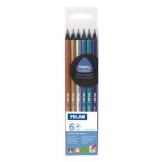 Set 6 Creioane Color MILAN Metalizat, 6 Culori Metalice, Corp Triunghiular din Lemn, Creioane Triunghiulare Colorate, Creioane Colorate Metalice MILAN foto