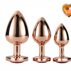 Set 3 Dopuri Brilliant Anal Plug, Rose Gold, Piatra Portocalie, Passion Labs