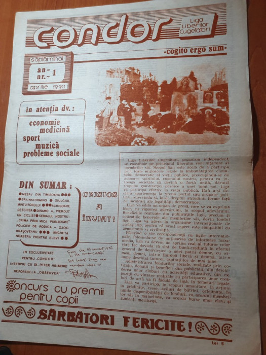 ziarul condor anul 1,nr.1 din aprilie 1990-prima aparitie