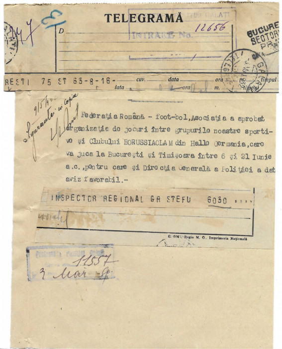 Document(1932) fotbal-Aprobare FRF meciuri fotbal Clubul Borussia in Romania