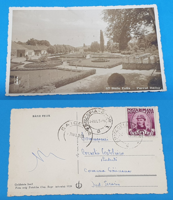 Carte Postala circulata anul 1939 Baile Felix - Parcul Bailor