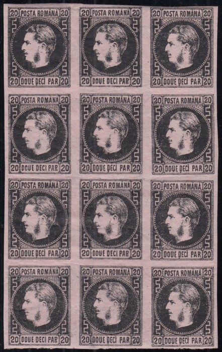 ROMANIA 1867 LP 20 c REGELE CAROL I CU FAVORITI 20 PARALE HARTIE SUBTIRE BLOC DE 12 TIMBRE GUMA ORIGINALA 8 TIMBRE MNH 4 TIMBRE SARNIERA