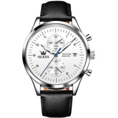 Ceas barbatesc Olevs Quartz Analog Piele Cronograf Business Casual Clasic Cadran argintiu foto