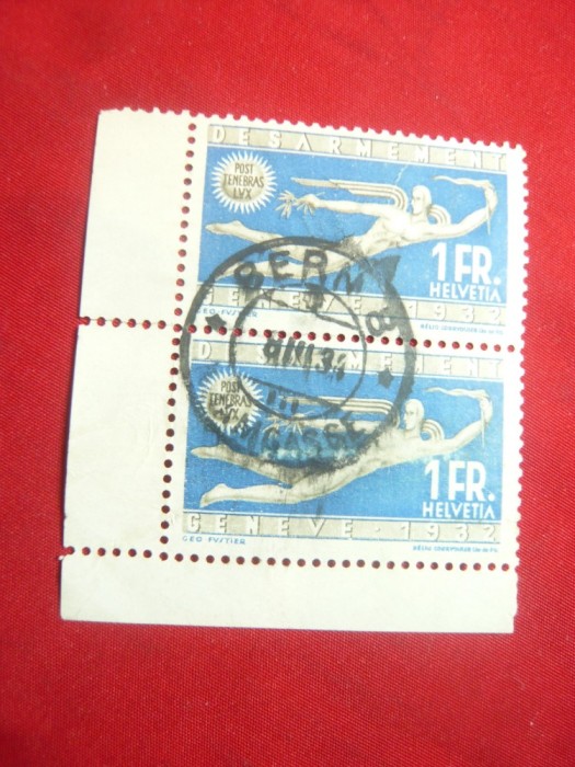 Pereche Conferinta de Pace de la Geneva 1932 ,val.1fr.Elvetia stampilat margine