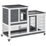 PawHut Cușcă pentru Iepuri din Lemn de Brad cu Roți, Tăvi Detașabile și Căsuță cu Rampă, 110x50x88 cm, Gri și Alb | Aosom Romania