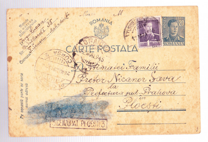 AMS# - CARTE POSTALA CENZURAT PLOIESTI - 3, 1945