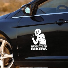 Sticker autoadeziv pentru vehicule Off Road, model &bdquo;Respect For Bikers&rdquo;, dimensiune 17 x 12 cm, culoare Alba
