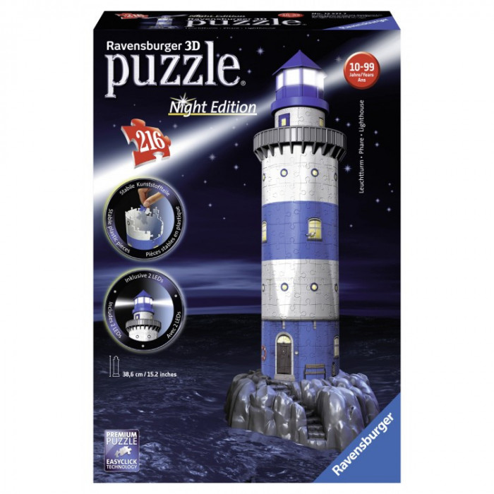 Puzzle 3D Farul noaptea, 216 piese Ravensburger