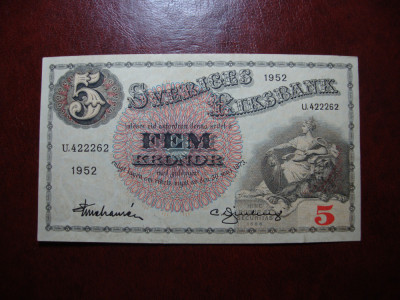 SUEDIA 5 KRONOR 1952 EXCELENTA foto