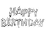 Set Baloane Folie Happy Birthday Argintiu, Baloane Aniversare Copii, Decor Petrecere, 74x34 cm, Metalizate