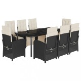Set mobilier de gradina cu perne, 9 piese, negru, poliratan