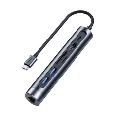 Hub USB Multifuncțional Joyroom 7in1 Tip C / 2 X USB 3.0 / HDMI 4K 30Hz / RJ-45 / Cititor De Carduri SD și Micro SD 100W 15cm Gri (S-H111)