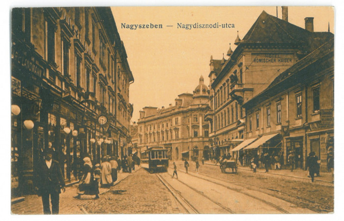 252 - SIBIU, street stores, tramway, watch, Romania - old postcard - unused