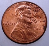 F.188 USA SUA 1 LINCOLN CENT 2016 XF/AUNC MASONIC MASON MASONERIE CONTRAMARCA, America de Nord