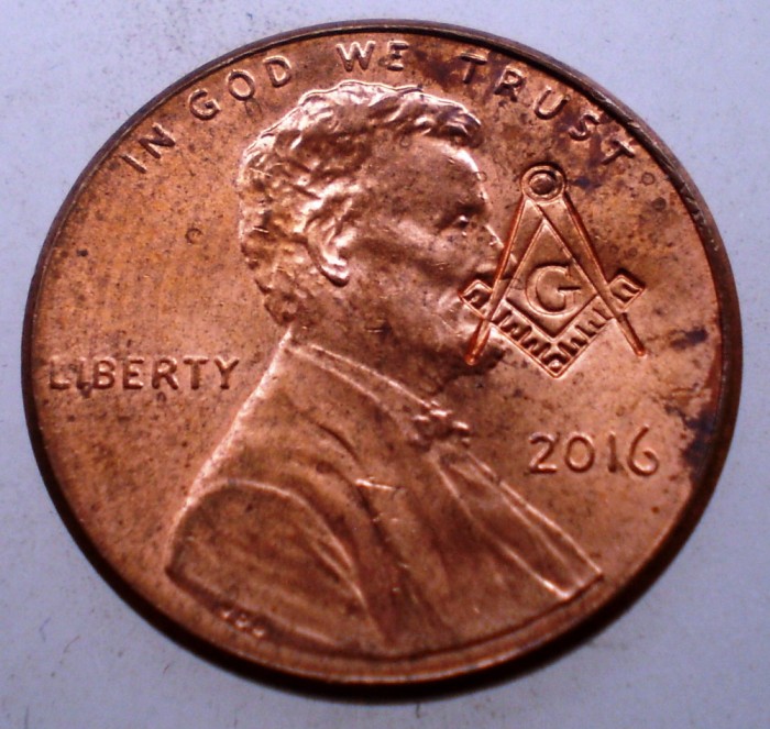 F.188 USA SUA 1 LINCOLN CENT 2016 XF/AUNC MASONIC MASON MASONERIE CONTRAMARCA