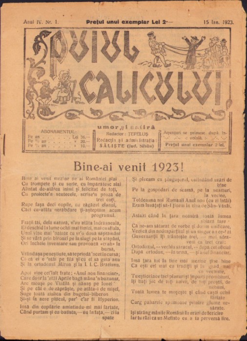 HST Z534N Puiul calicului, 1/1923, Săliște, județul Sibiu, revistă umoristică