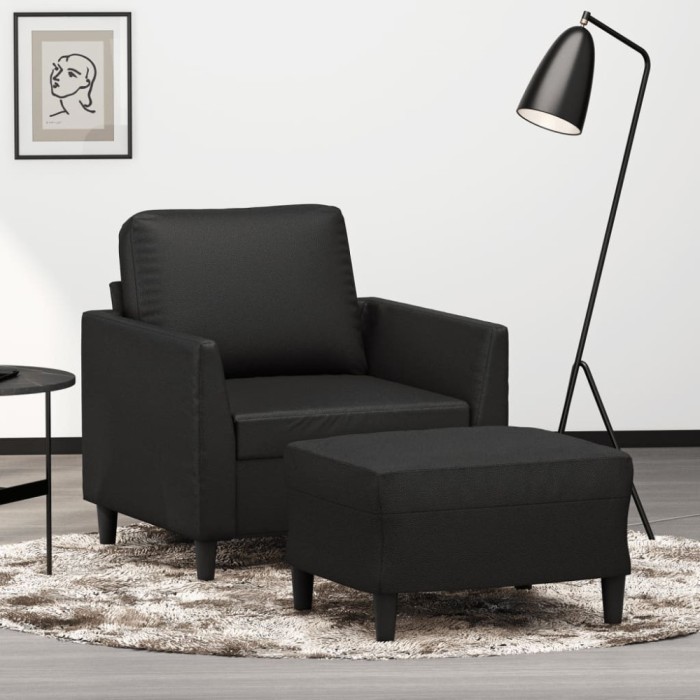 vidaXL Fotoliu canapea cu taburet, negru, 60 cm, piele ecologică 3201117