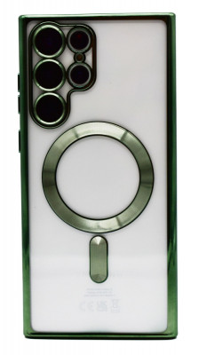 Husa Luxury tip MagSafe compatibila cu Samsung Galaxy S22 Ultra, Full protection, Margini colorate, Verde inchis foto