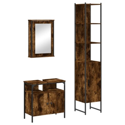 Set mobilier de baie, 3 piese, stejar fumuriu, lemn prelucrat foto