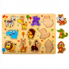 Puzzle educativ din lemn Animale Jungla cu butoni, 11 piese, 30x22 cm, 1 an +