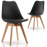 Set 2 buc, Scaun Stil Scandinav cu Picioare din Lemn de Fag, Sezut din PP si Perna din Piele Ecologica, 49 x 43 x 82 cm, Negru c