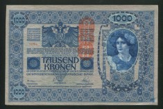 t021 AUSTRIA UNGARIA 1000 KRONEN COROANE 1902 SUPRATIPAR DO 1919 aUNC foto