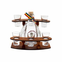 Set 6 pahare shot cu butelca si suport din lemn, capacitate 0.02L, 18 cm inaltime