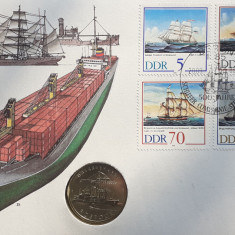 GERMANIA DEMOCRATA - FDC SI MONEDA UNC 5 MARK 1988, 30 ANI PORTUL ROSTOCK