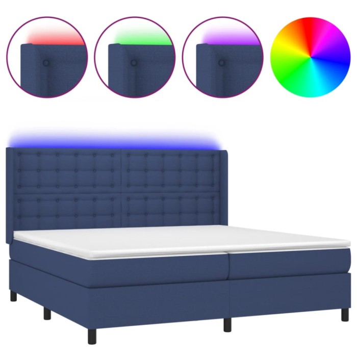 Pat cu arcuri, saltea si LED, albastru, 200x200 cm, textil