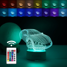 Lampa LED decorativa, Flippy, 3D, Masina Sport, doua moduri de alimentare USB si baterii, 20 cm inaltime, din material acril si lumina multicolora, al