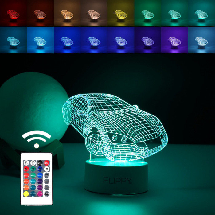 Lampa led decorativa, flippy, 3d, masina sport, doua moduri de alimentare usb si baterii, 20 cm inaltime, din material acril si lumina multicolora, al