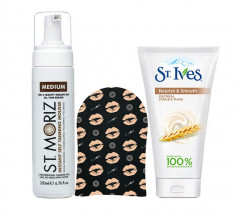 Pachet complet pentru autobronzare profesionala ST MORIZ cu Spuma Medium, Manusa si Exfoliant ST IVES foto