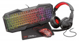 Set casti USB Trust Gaming GXT 1180RW, tastatura iluminata cu 12 butoane multimedia si anti-ghosting, aspect italian Qwerty, mouse cu 6 butoane, covor