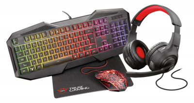 Set casti USB Trust Gaming GXT 1180RW, tastatura iluminata cu 12 butoane multimedia si anti-ghosting, aspect italian Qwerty, mouse cu 6 butoane, covor foto