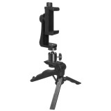 Suport telefon 2 in 1 cu mini trepied si cap de bila flexibil, prindere prin surub 10 cm, montura 1 4 inch, ABS negru, pentru vlogging si filmare