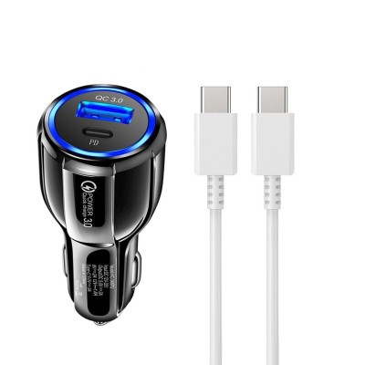 Kit incarcator Auto 1x USB si 1x C + Cablu C-C Negru foto
