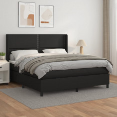 vidaXL Pat box spring cu saltea, negru, 180x200 cm, piele ecologică