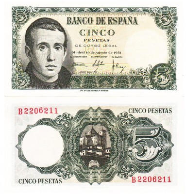 Spania 5 Pesetas 16.08.1951 Jaime Balmes P-140 UNC foto