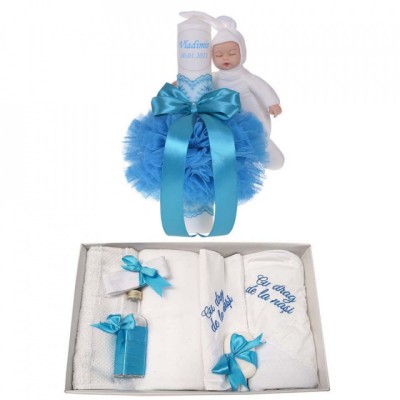 Trusou botez cu mesaj si lumanare botez personalizata, decor turcoaz cu foto