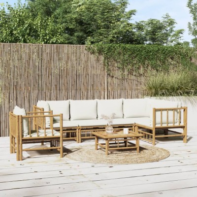 vidaXL Set mobilier de grădină cu perne alb crem, 7 piese, bambus 3155205 foto
