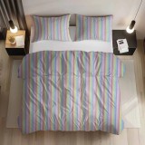 Lenjerie de Pat 2 Piese Bumbac Standard, Husa Pilota 120x200 + 1 Fata Perna 50x70 Cu Dungi Multicolore Pastel, Cu Inchidere cu Fermoar , Bucurie si St
