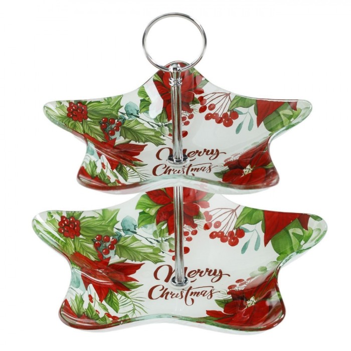 Suport Etajat Prajituri, Model Crăciunițe, Mesaj &quot;Merry Christmas&quot;, 2 Nivele, Sticlă, Multicolor, 22.7cm