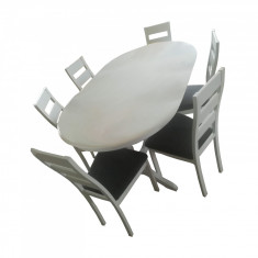 Set masa living pentru 6 persoane, alb, scaune tapitate gri, ovala, 155x75x95cm, extensibila la 235cm foto