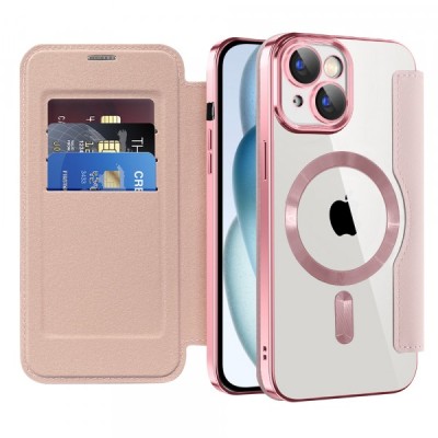Husa MagSafe pentru Apple iPhone 15 Plus, Techsuit, SmartMag Book, Roz foto