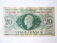 Rara! Africa Ecuatoriala Franceza 20 Francs 1944 WWII,bancnota din imagini la cel mai micd pret