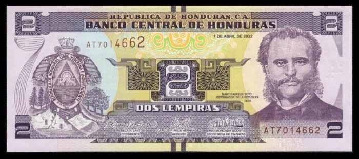 HONDURAS █ bancnota █ 2 Lempiras █ 2022 █ P-97e █ UNC █ necirculata